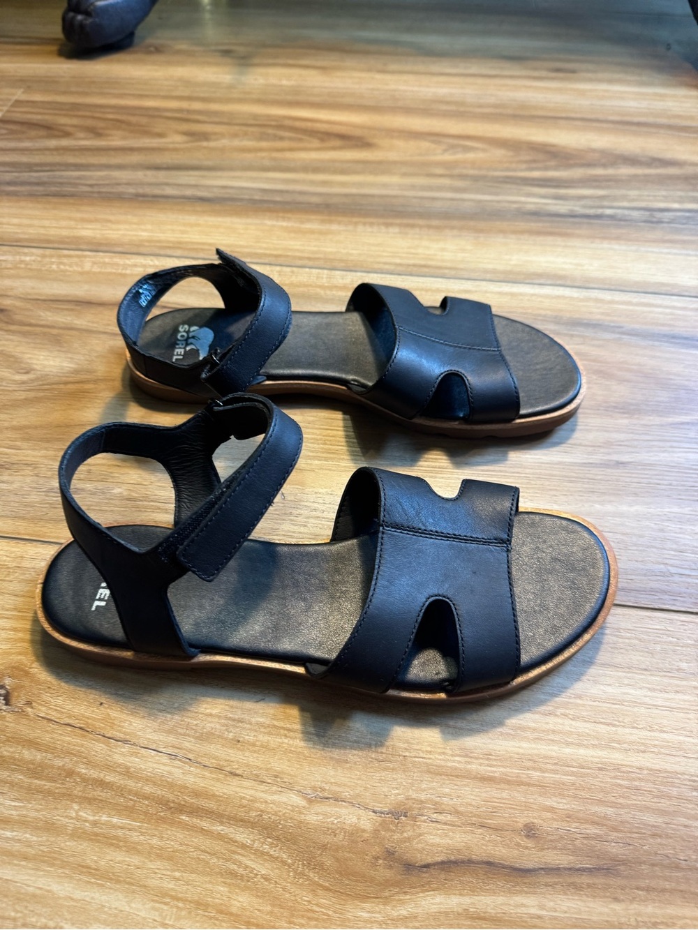 Sorel Black Faux Leather Two-Strap Velcro Ankle Sandals